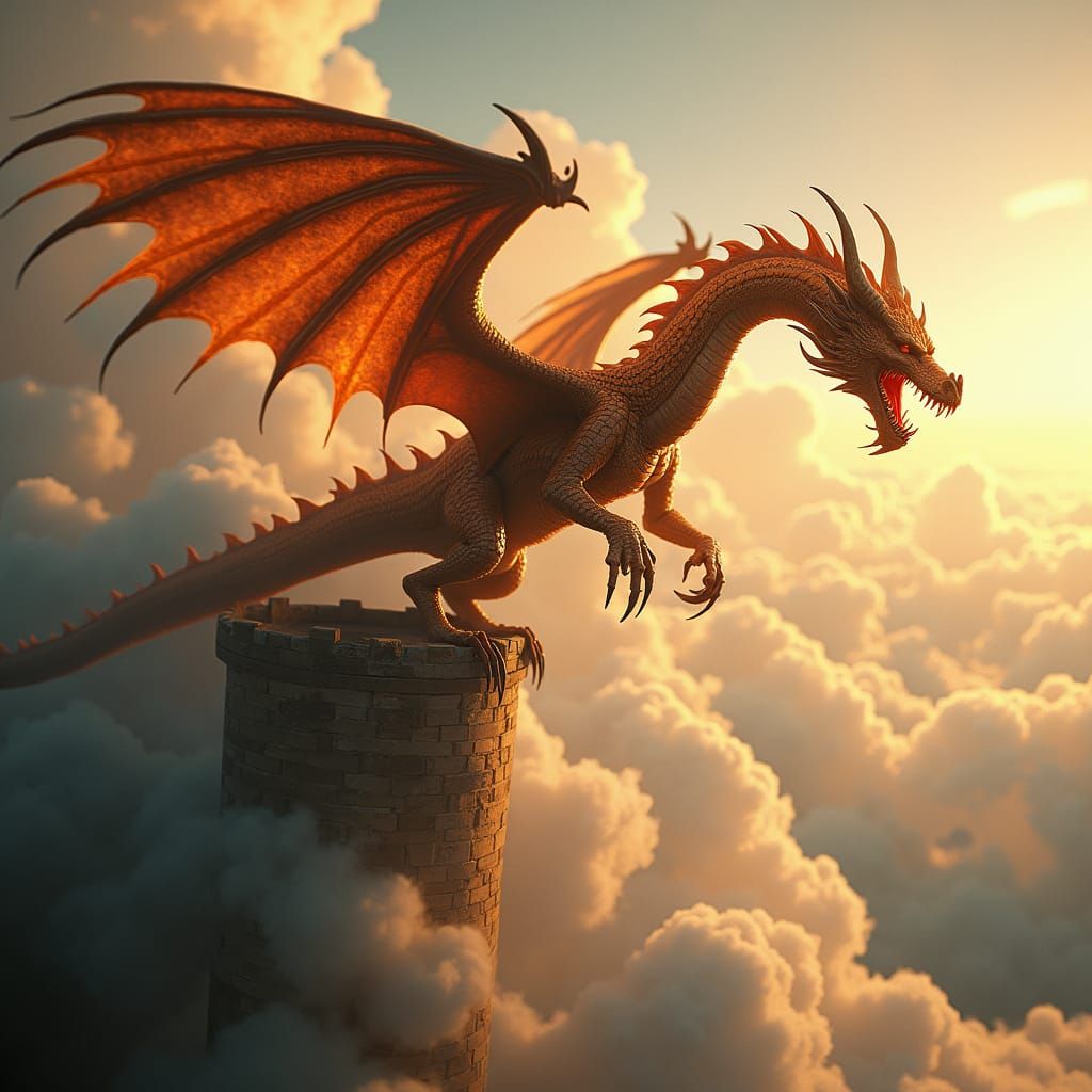 Copper Dragon's Fiery Ascent from Ruined Tower