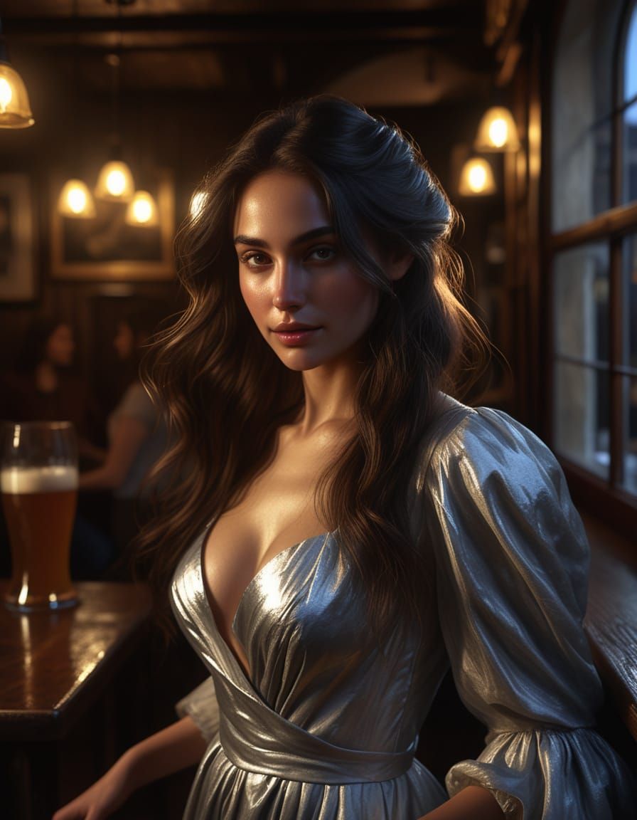 Woman in Silver Gown in Moonlit Pub, Renaissance Style