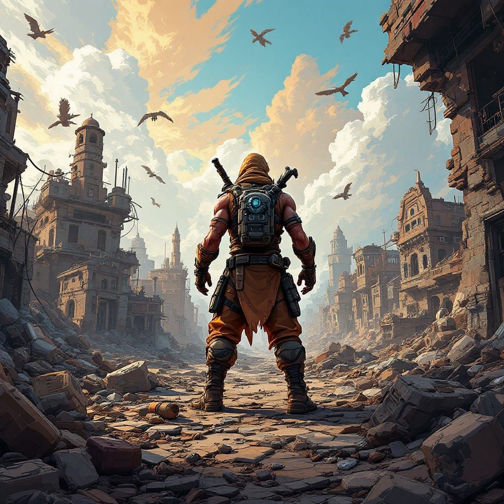 Battle-Hardened Warrior in Ravaged Landscape