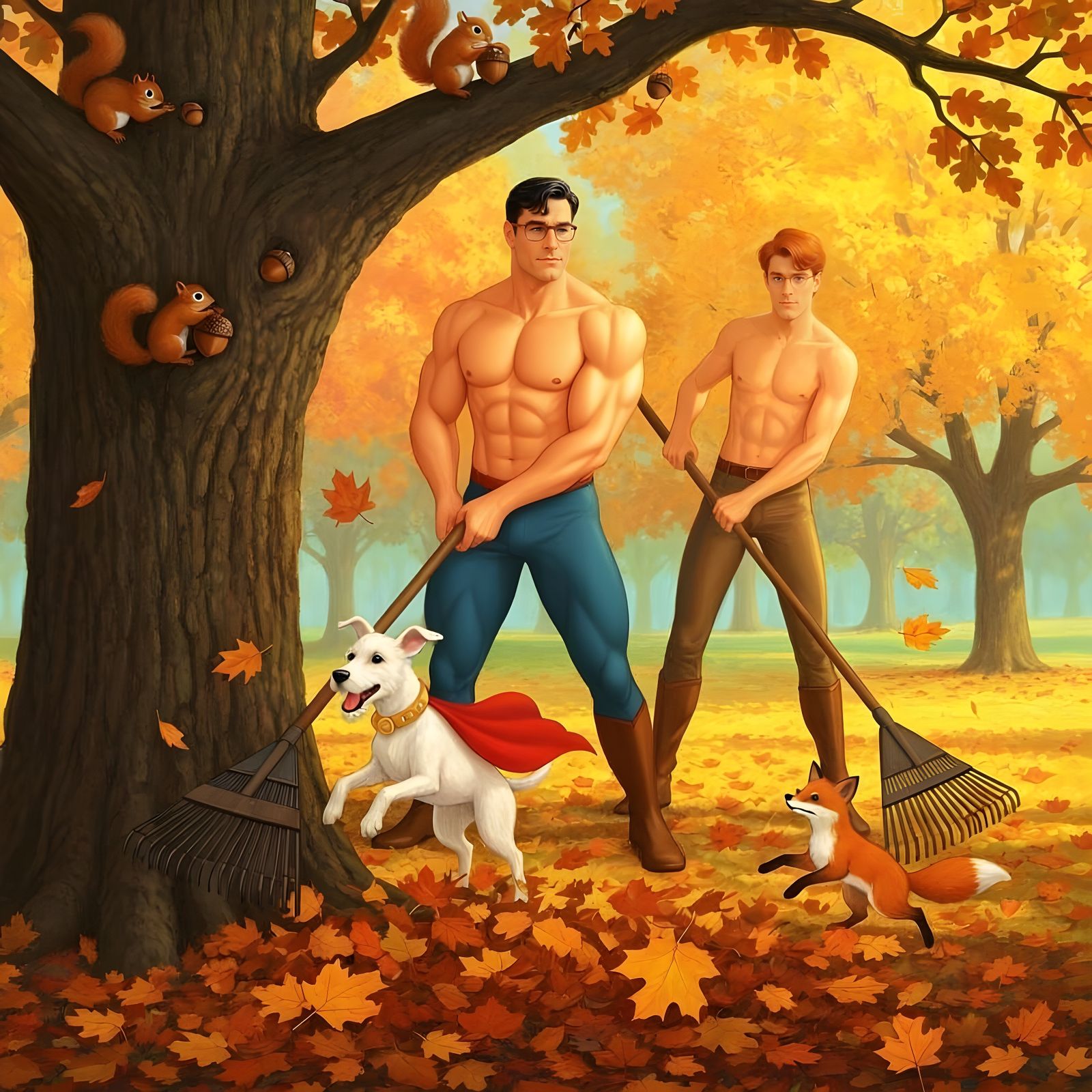 Clark Kent and Jimmy Olsen Rake Autumn Leaves With Animals