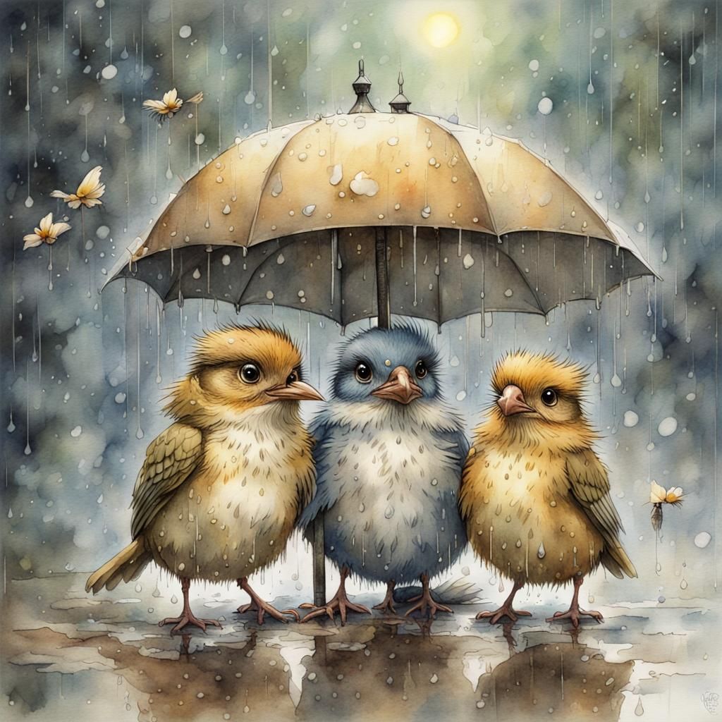 Birds in Rain: Watercolor Fantasy Art