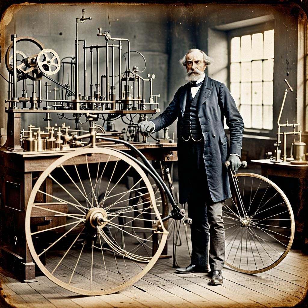 Inventor Creates Hexagonal Bicycle: Sepia-Toned Photograph