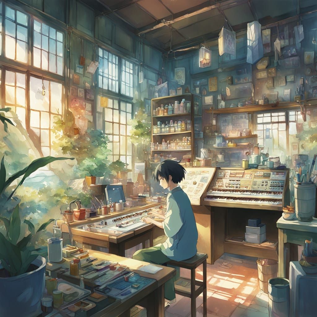 Anime Manicurist Surrounded by Vibrant Digital Art in Soft P...