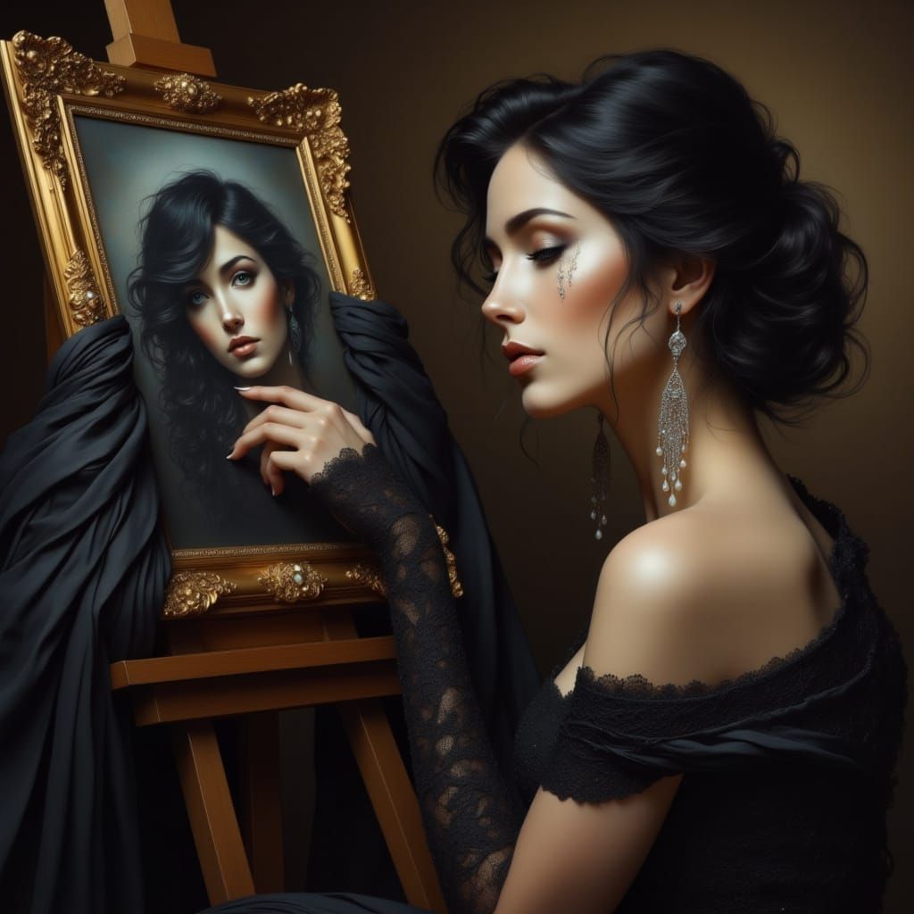 Hyperdetailed Portrait of a Woman with a Tear, in a Dimly Li...