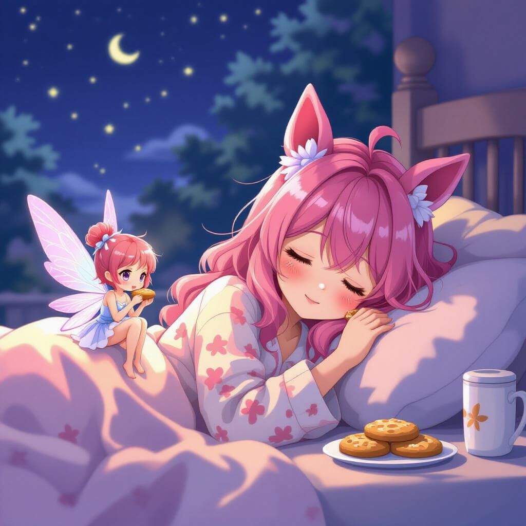 Anime Girl with Fairy Eating Cookies