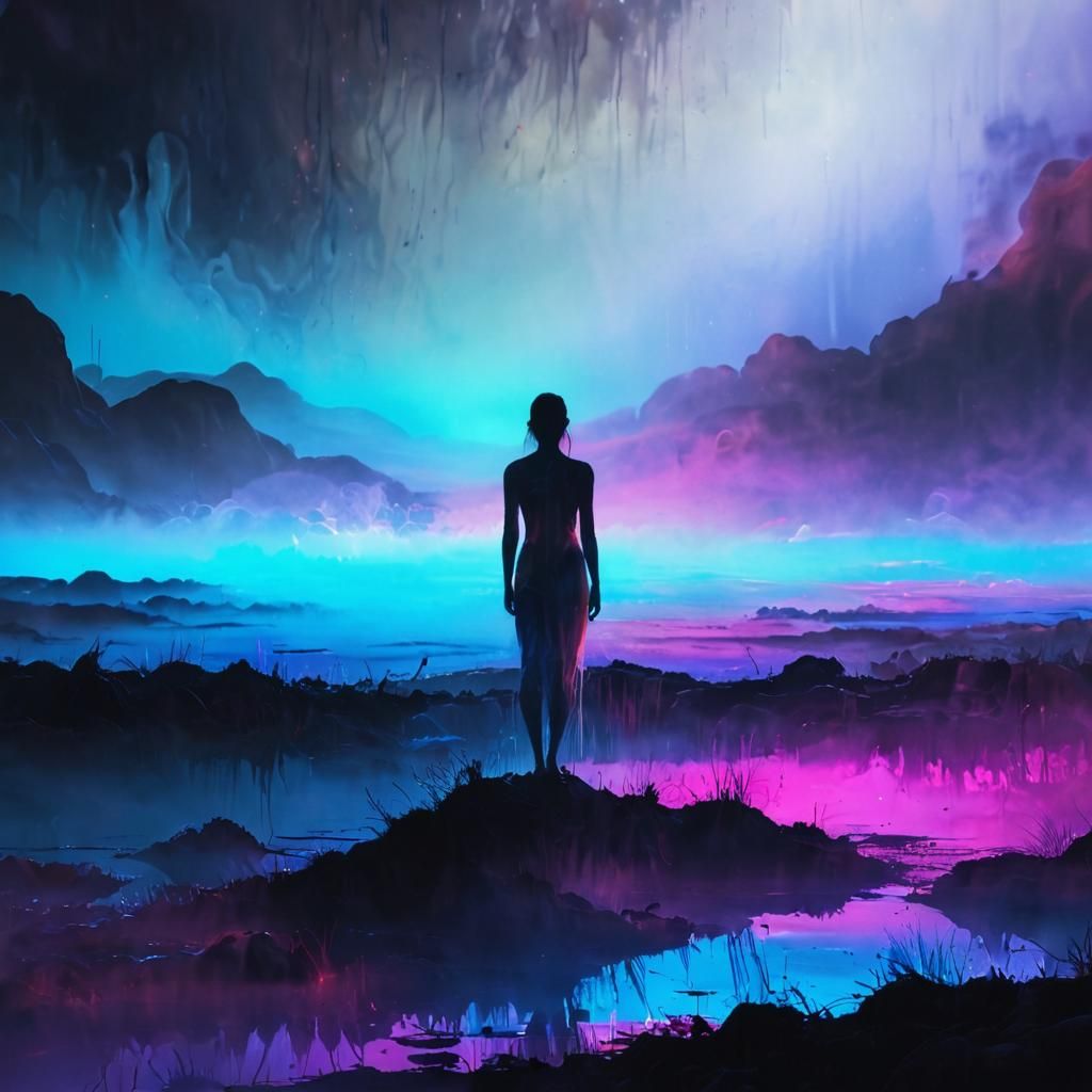 Ethereal Figure in Vibrant Dreamlike Landscape
