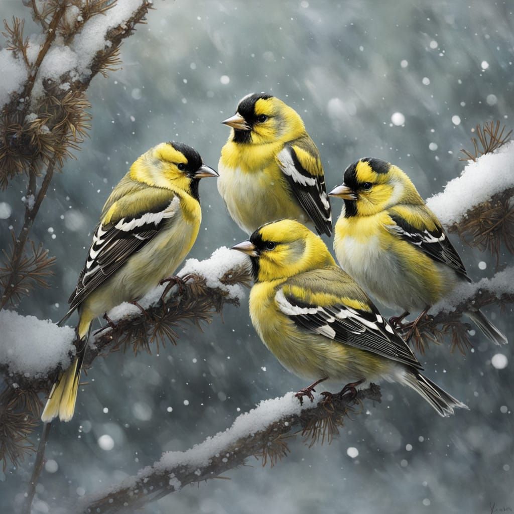 Goldfinches in Winter Wonderland: Whimsical Watercolor Style