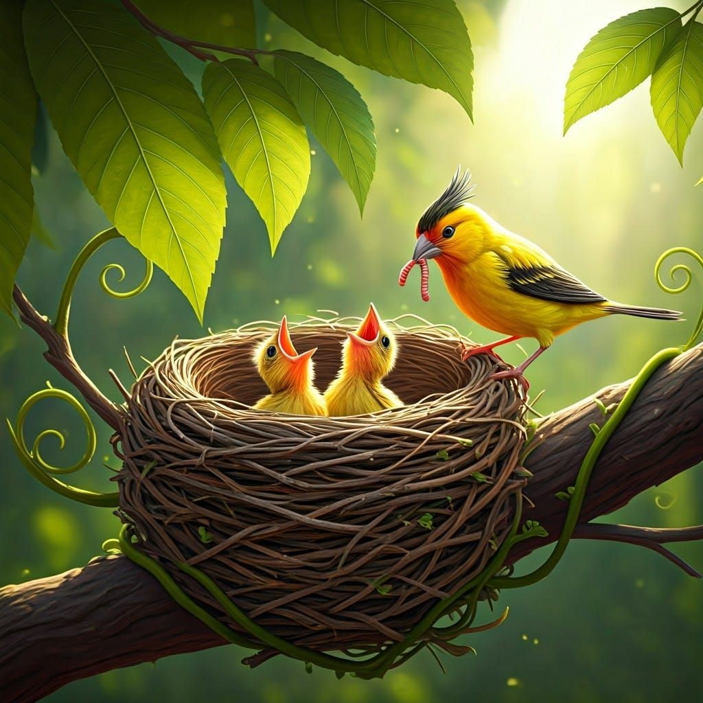 Canary Family in Lush Forest, Hyper-Realistic Rendering