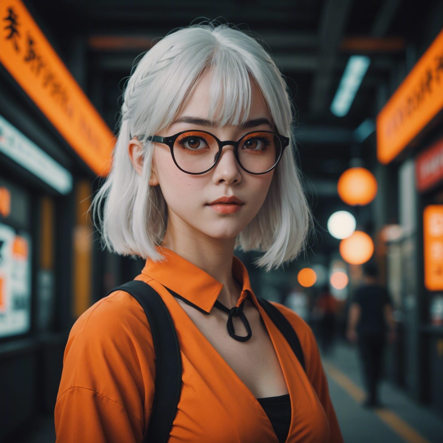 Anime Girl with White Hair and Orange Dress