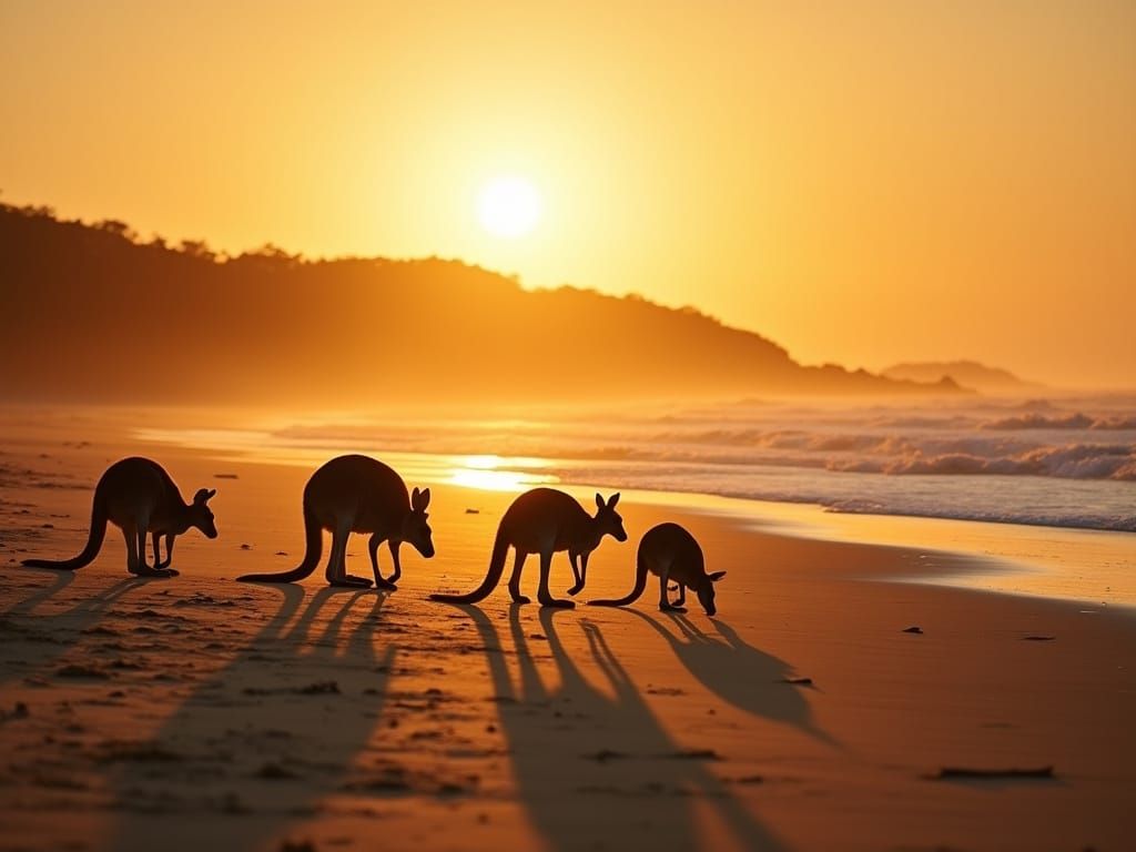Australian Surf Sunset with Grazing Kangaroos in Realistic S...