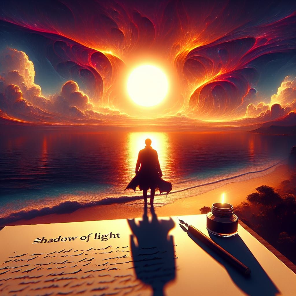 Person Silhouette on Beach at Sunset, Fantasy Matte Painting