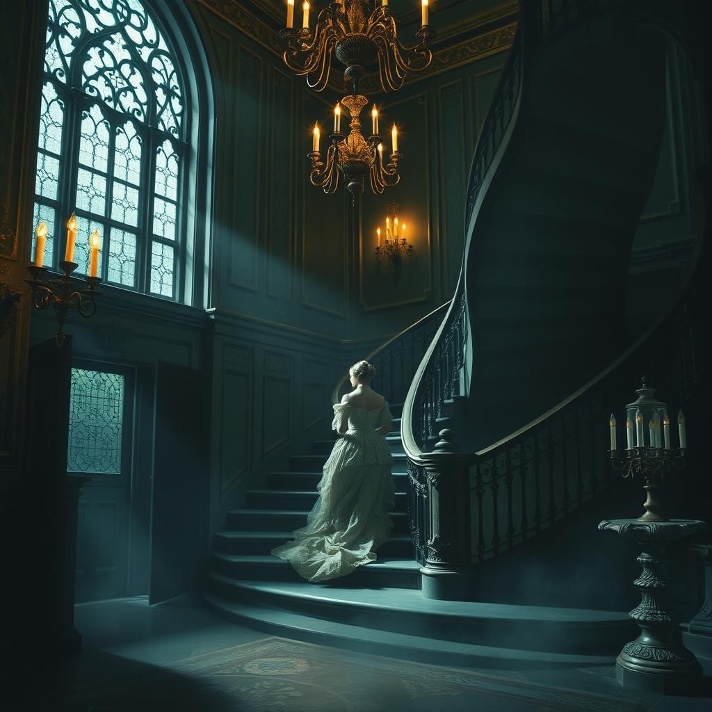 Ghostly Lady Descends Grand Staircase in Dark Fantasy