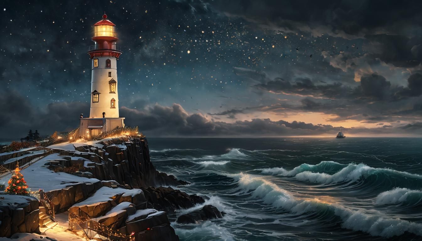 Festive Lighthouse Shines Warmly on Winter Coast