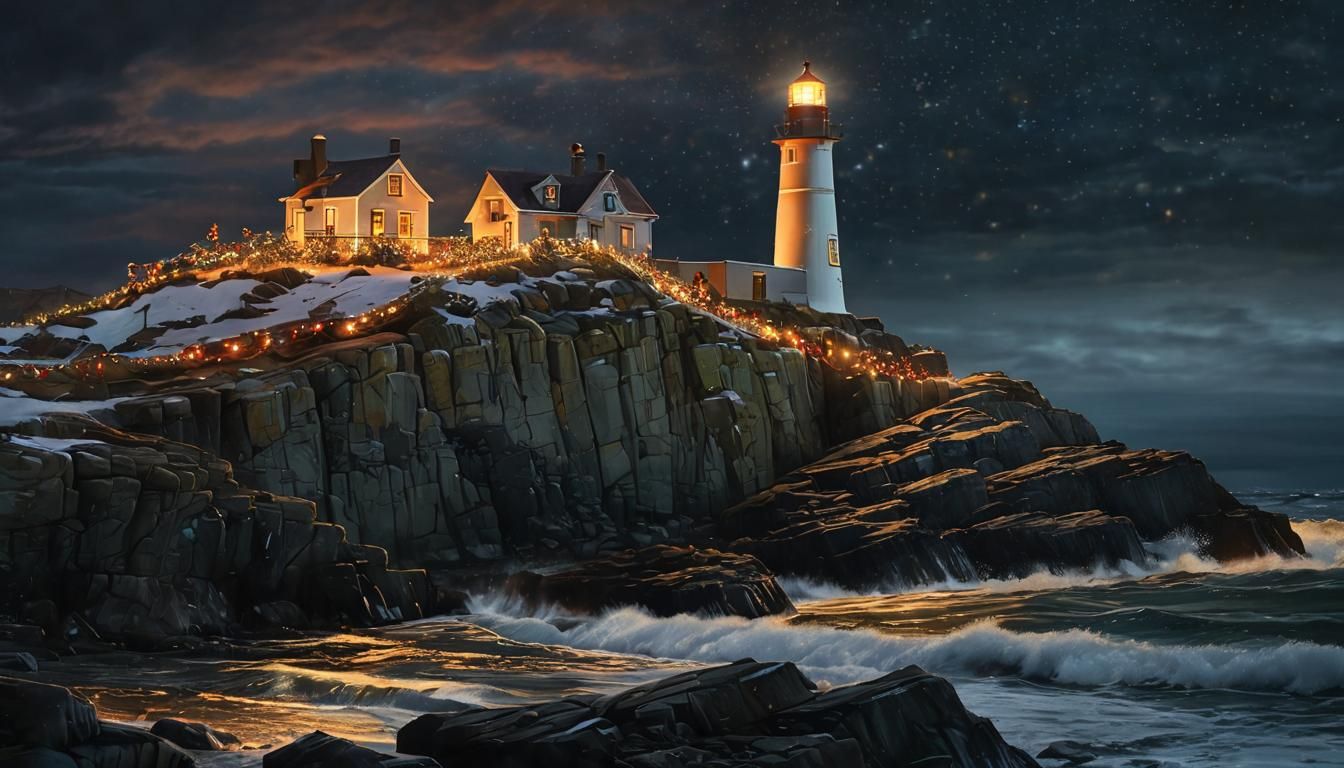 Festive Lighthouse Radiates Holiday Cheer on Winter Coast