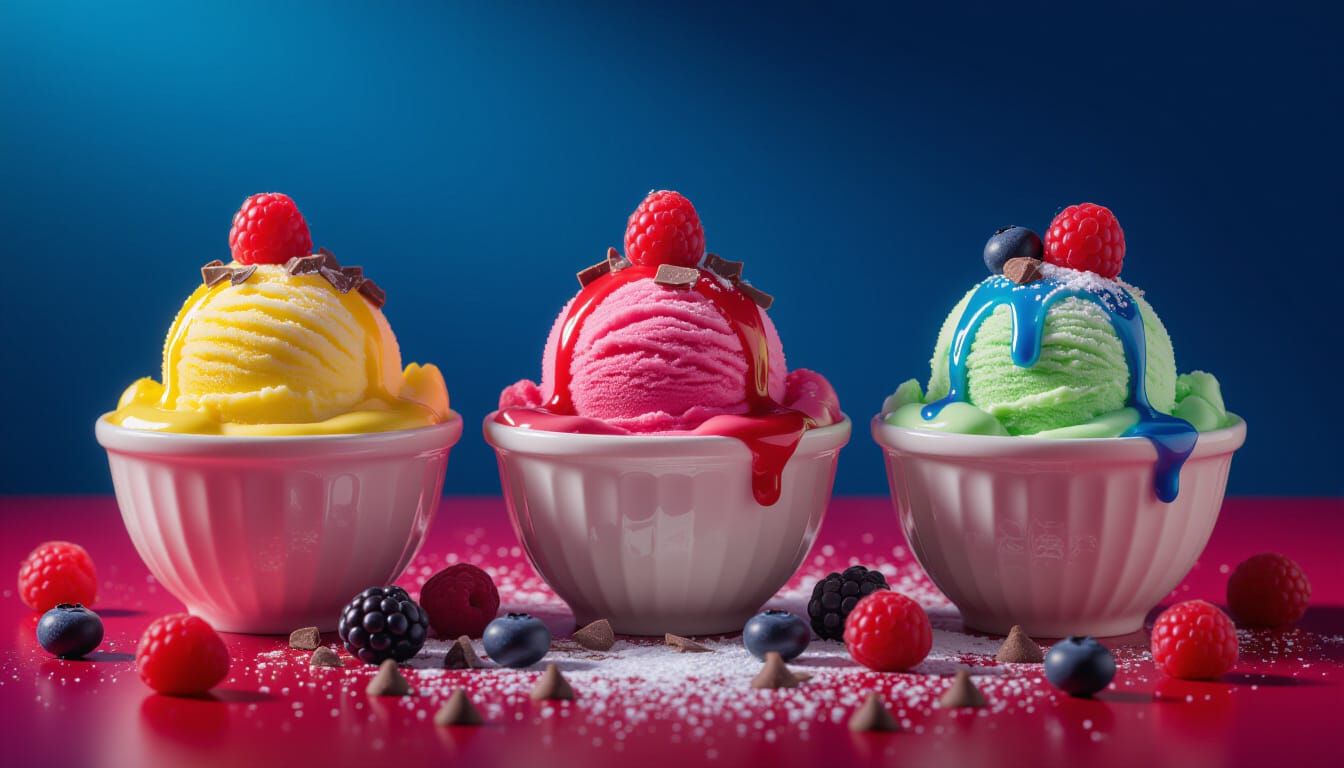 Hyperrealistic Ice Cream Bowls with Berries and Chocolate