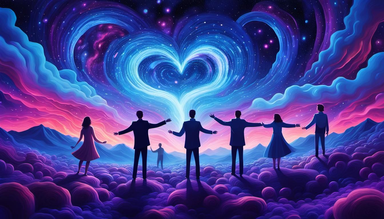 Cosmic Dream: People with Glowing Hearts in Starry Space