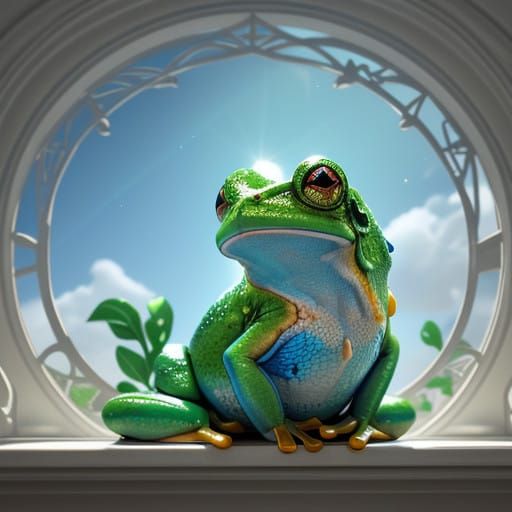 Electric Green Tree Frog Perched on Ornate Windowsill