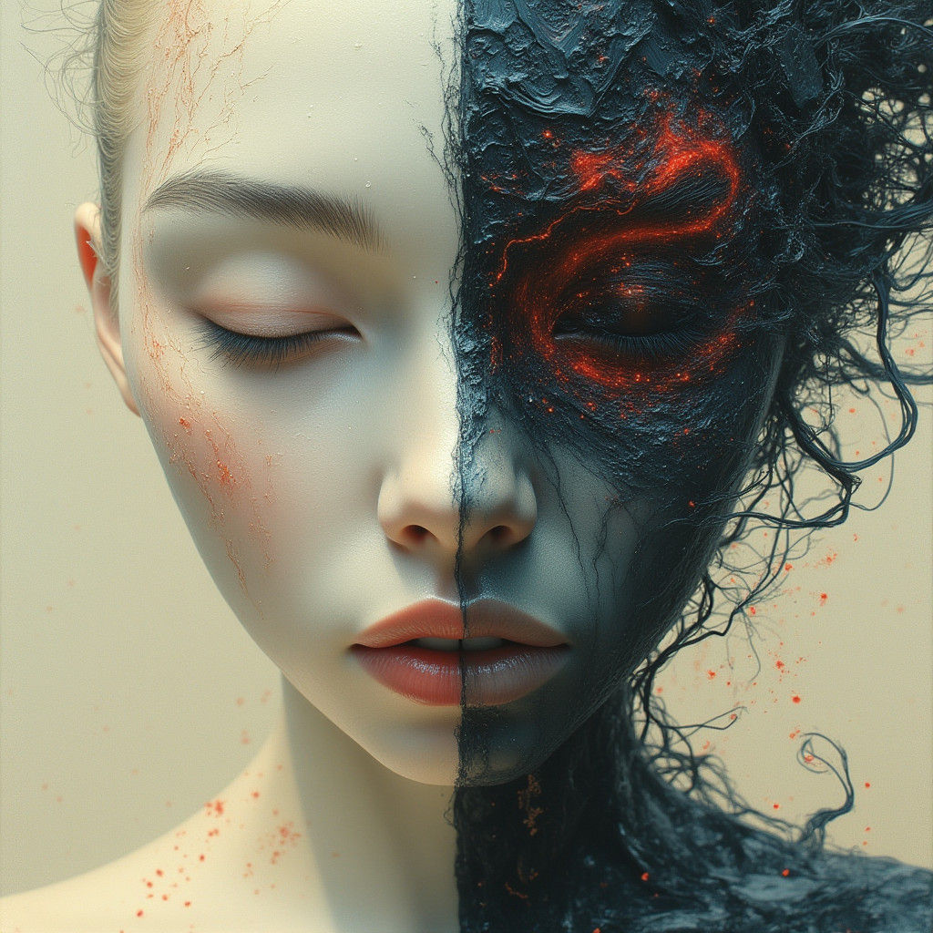 Contrasting Human Face Portrait in Surrealist Style