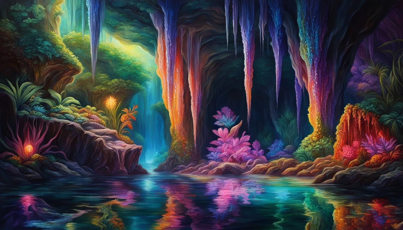 Glowing Crystal Cavern with Bioluminescent Pool