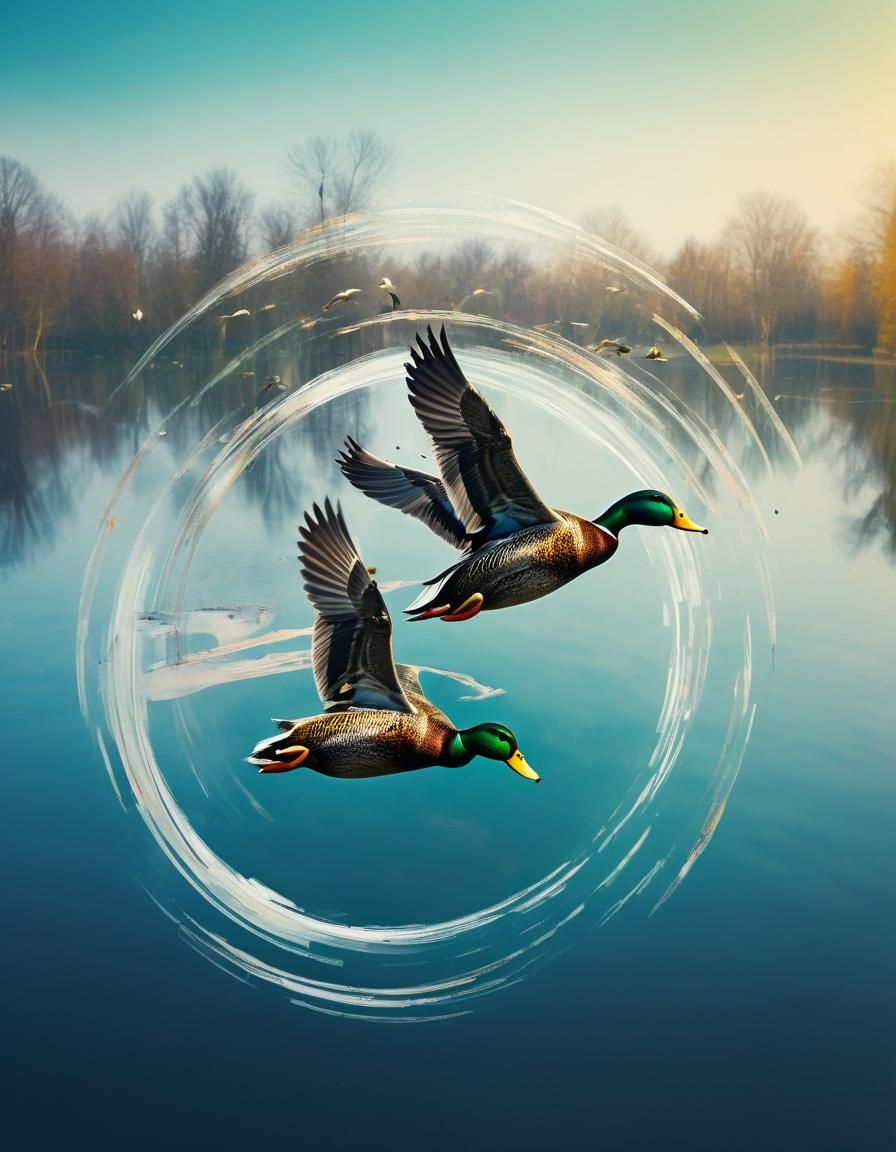 Ducks in Training Flight with Double Exposure