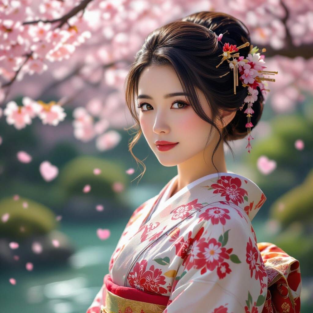 Japanese Woman in Kimono in Cherry Blossom Garden