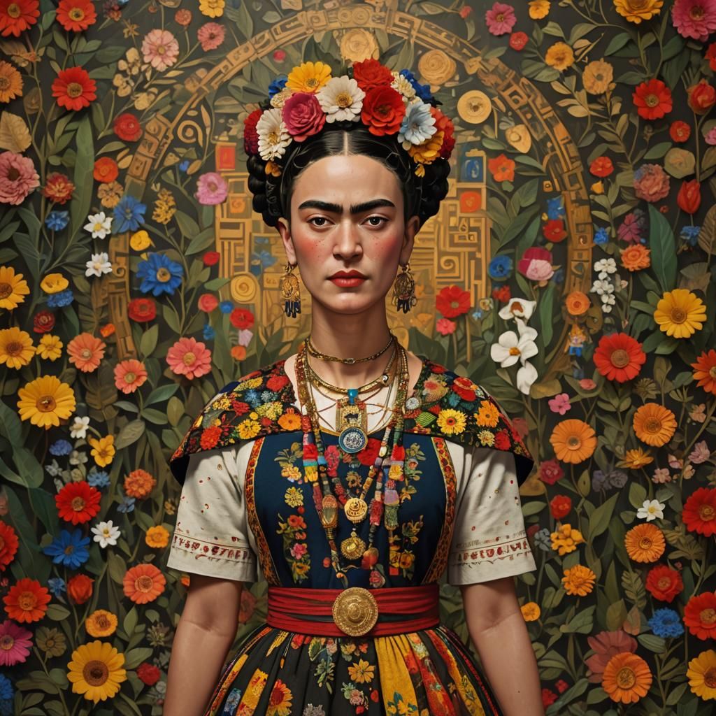 Frida Kahlo in Gustav Klimt Style, 3D Render