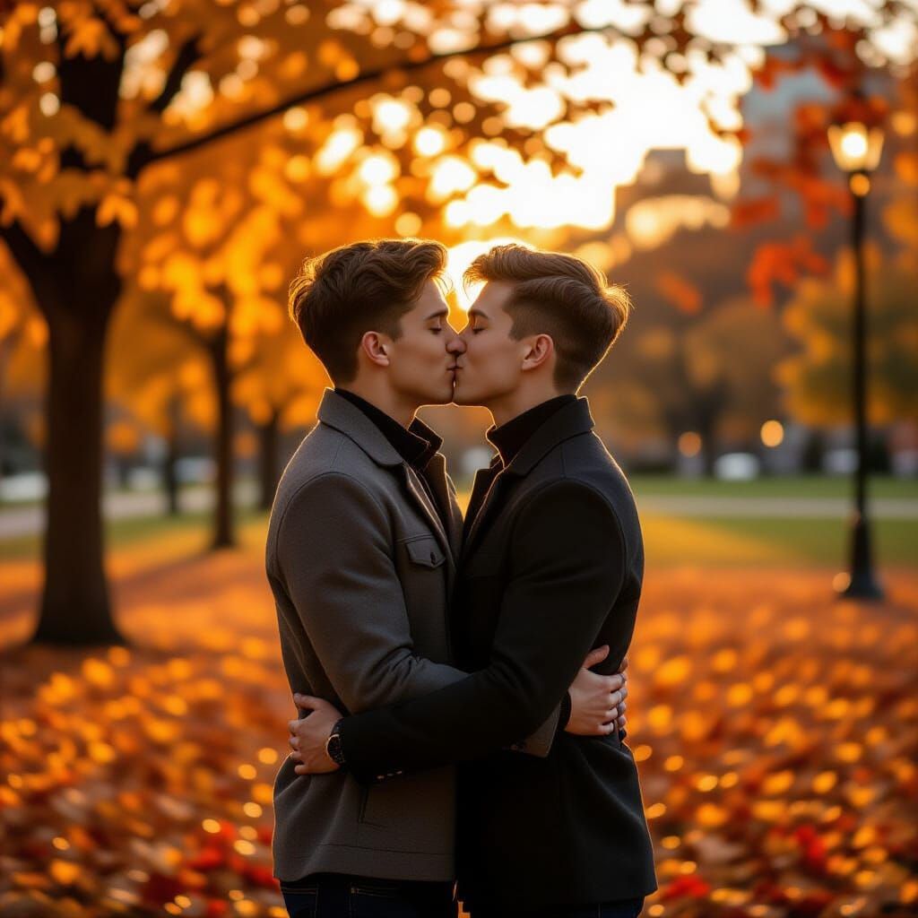 Passionate Kiss in Autumn Park at Golden Hour