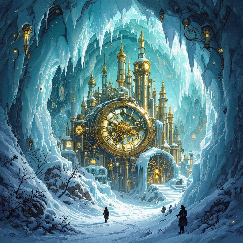 Frozen Steampunk City in Glacier: Art Nouveau Digital Painti...
