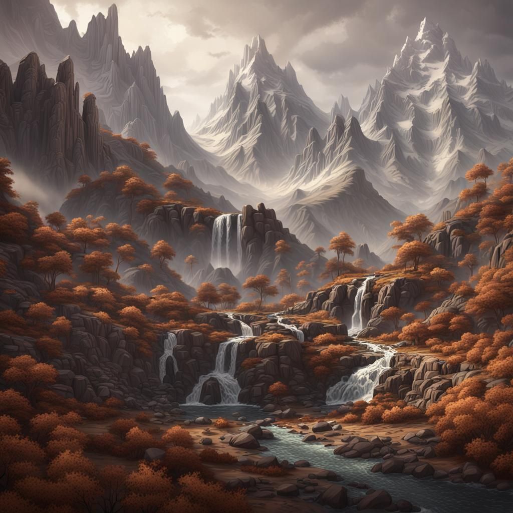 Monochromatic Mountain Range in Detailed Matte Painting Styl...