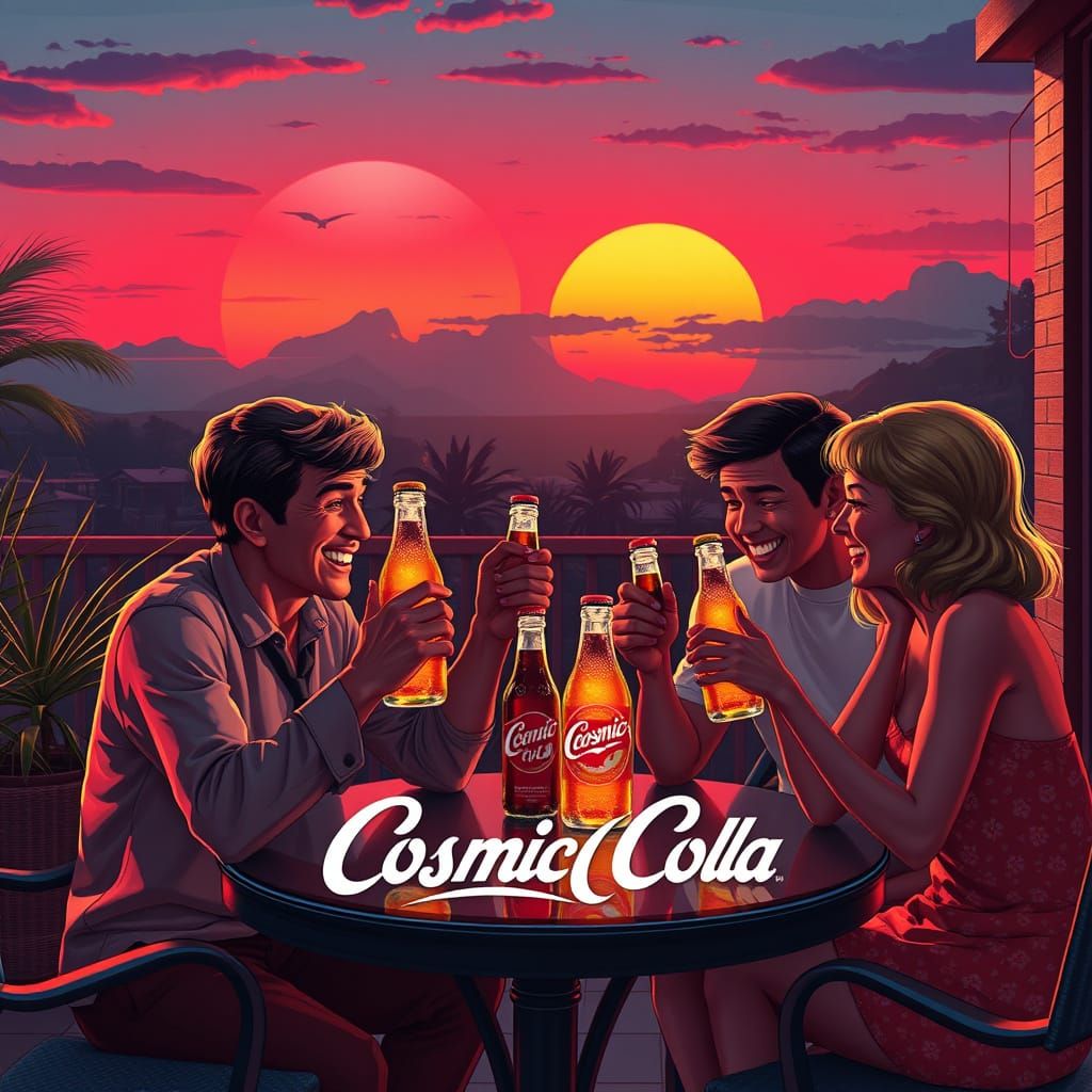 1960s Cosmic Cola Ad: Family Shares Soda Under Double Sunset