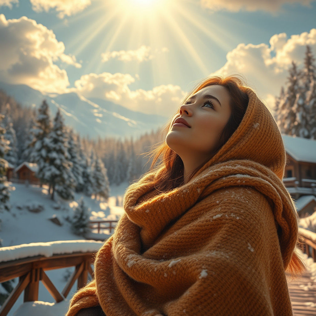 Woman in Winter Landscape with Golden Light