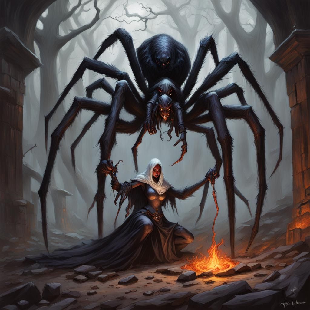 Drow Priestess Sacrifices to Giant Spider