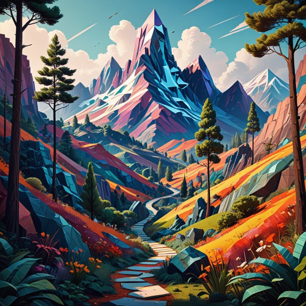 Angular Geometric Landscape with Hikers in Fauvist Colors