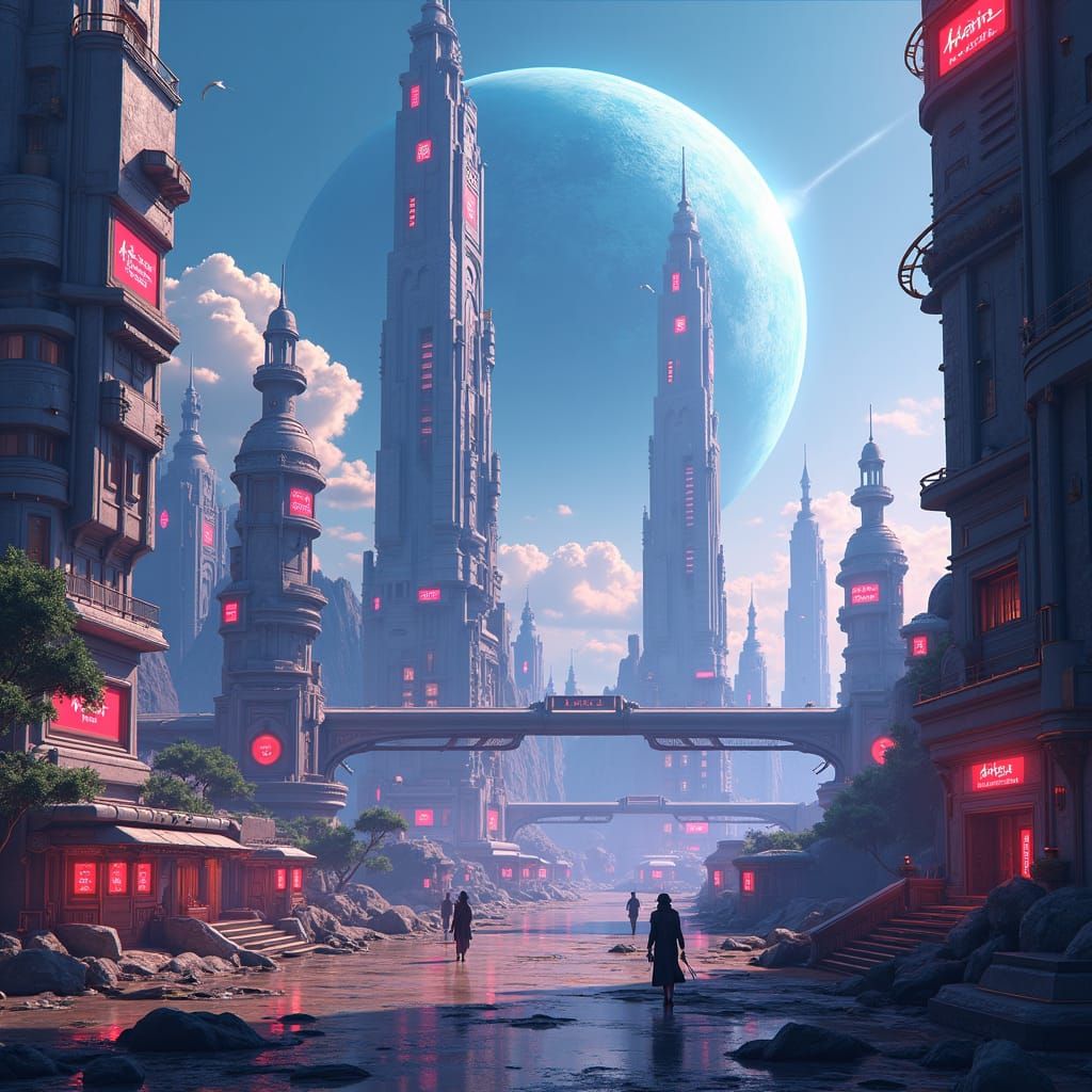 Futuristic Planet Civilization in Anime Style