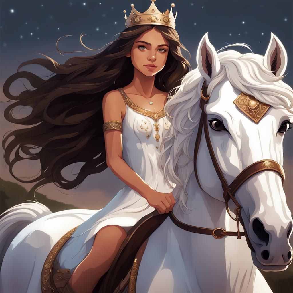 Princess Riding a White Horse in Dark Fantasy Style