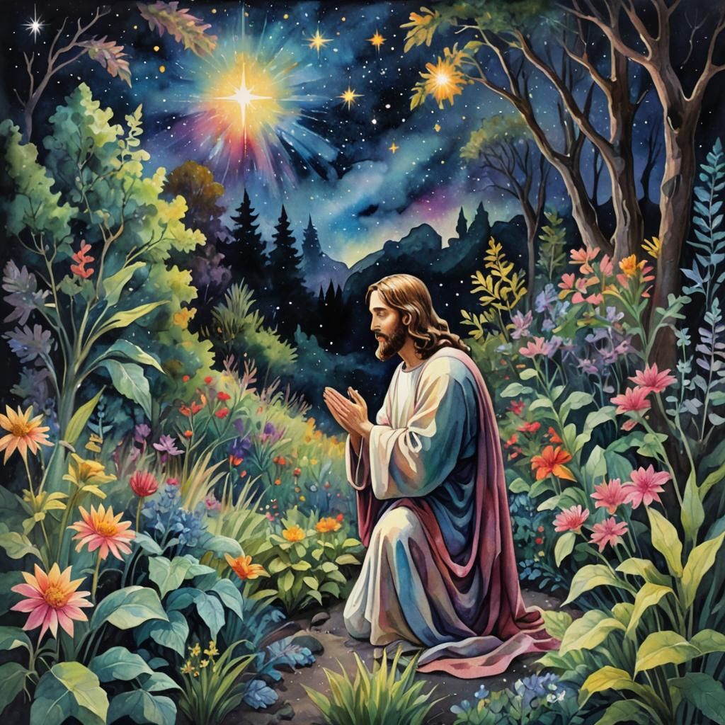 Jesus Praying in Garden: Impressionist Gouache Watercolor