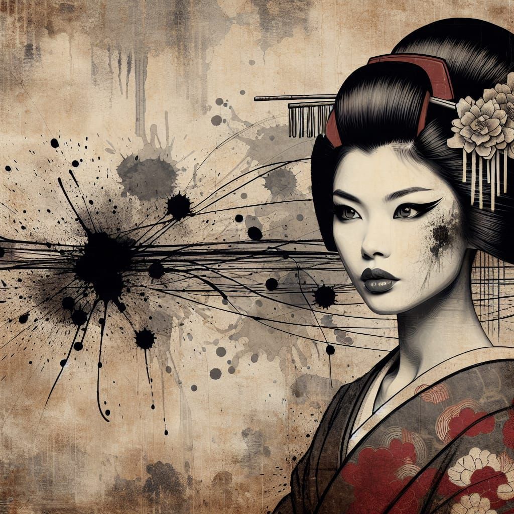 Retro Japanese Geisha with Charcoal Smudges
