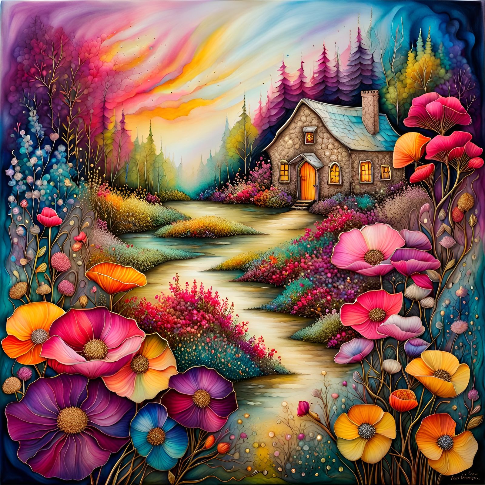 Magical Cottage Garden with Gold Accents in 3D