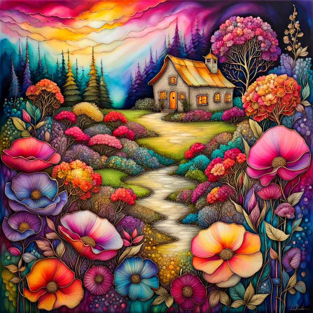 Magical Cottage Garden with Gold Embellishments