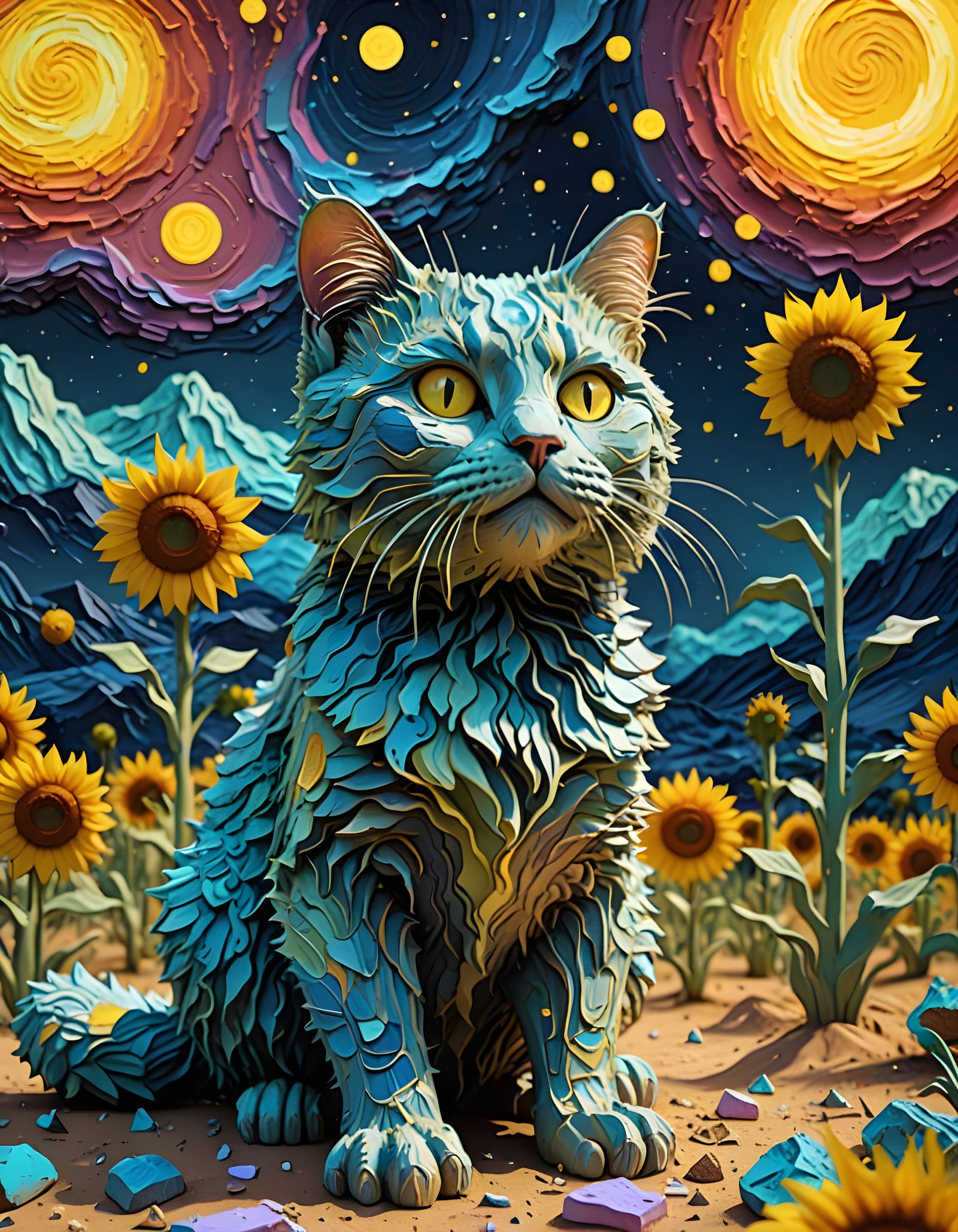 Majestic Robot Rainbow Cat in Vibrant Van Gogh Impasto Style