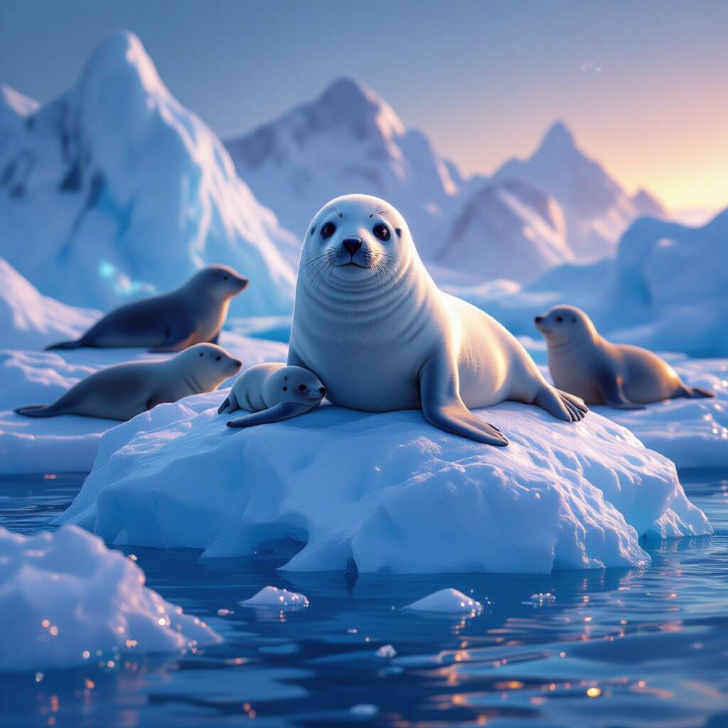 Baby Seal Family on Ice, Ethereal Glow
