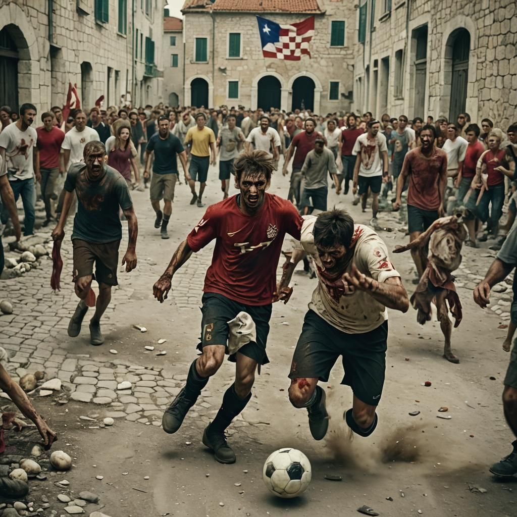 Soccer Player Dribbling Past Zombies in Croatia