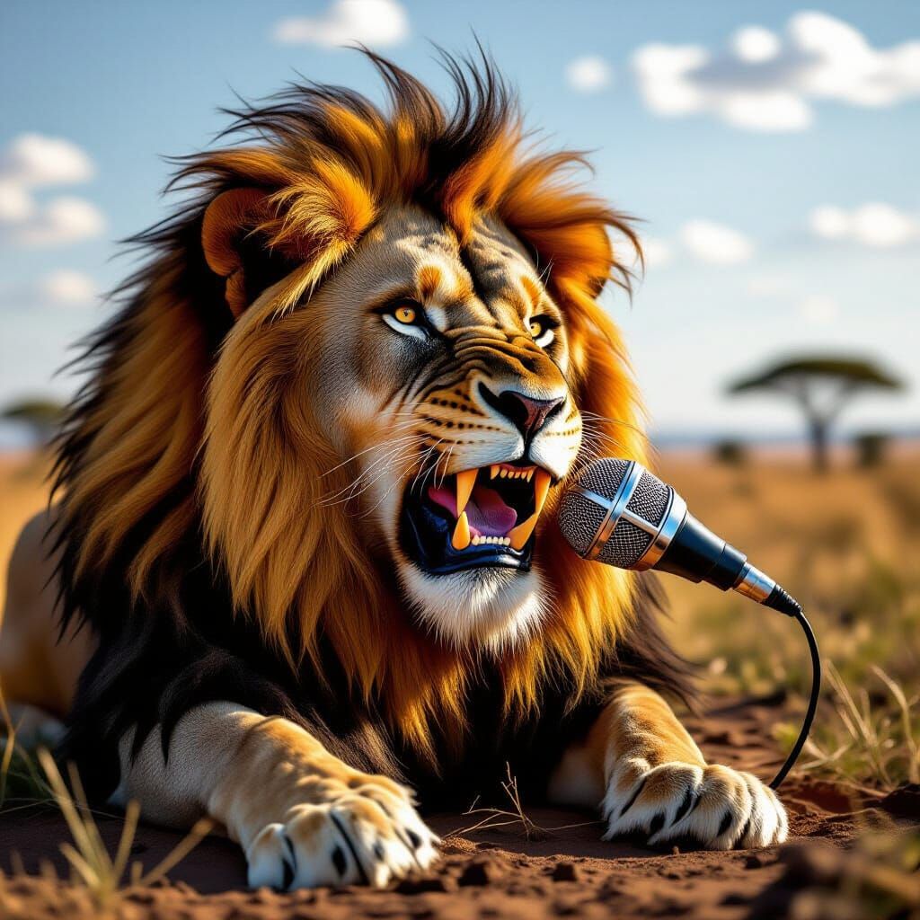 Lion Devours Microphone on Desolate Savannah