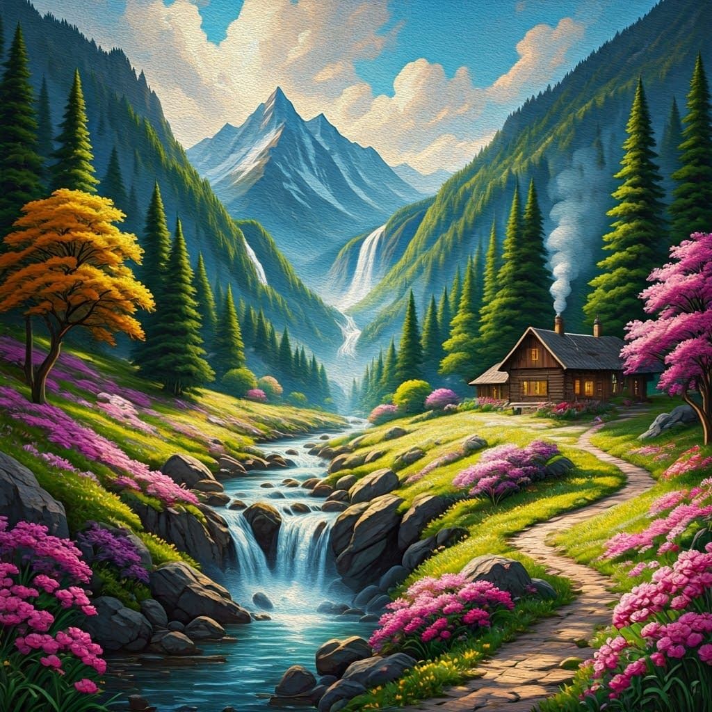 Serenely Majestic Mountain Landscape with Quaint Cabin and V...