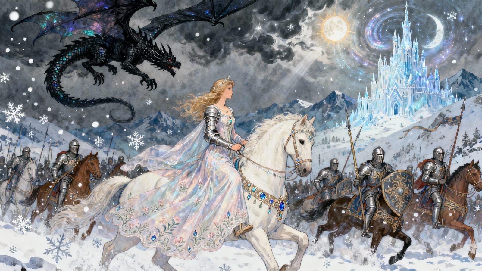 Princess Leads Knights Against Dragon in Snowy Landscape
