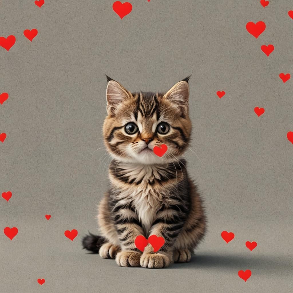 Cute Cat Surrounded by Hearts