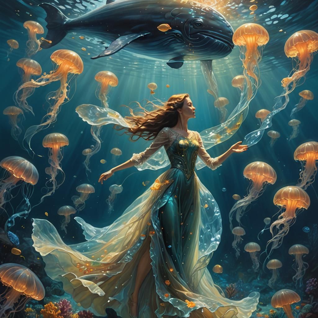 Underwater Woman with Glass Whale, Oil Painting