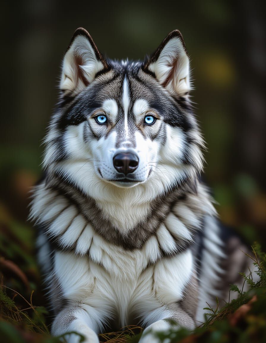 Wolf Hybrid with Piercing Blue Eyes in Forest