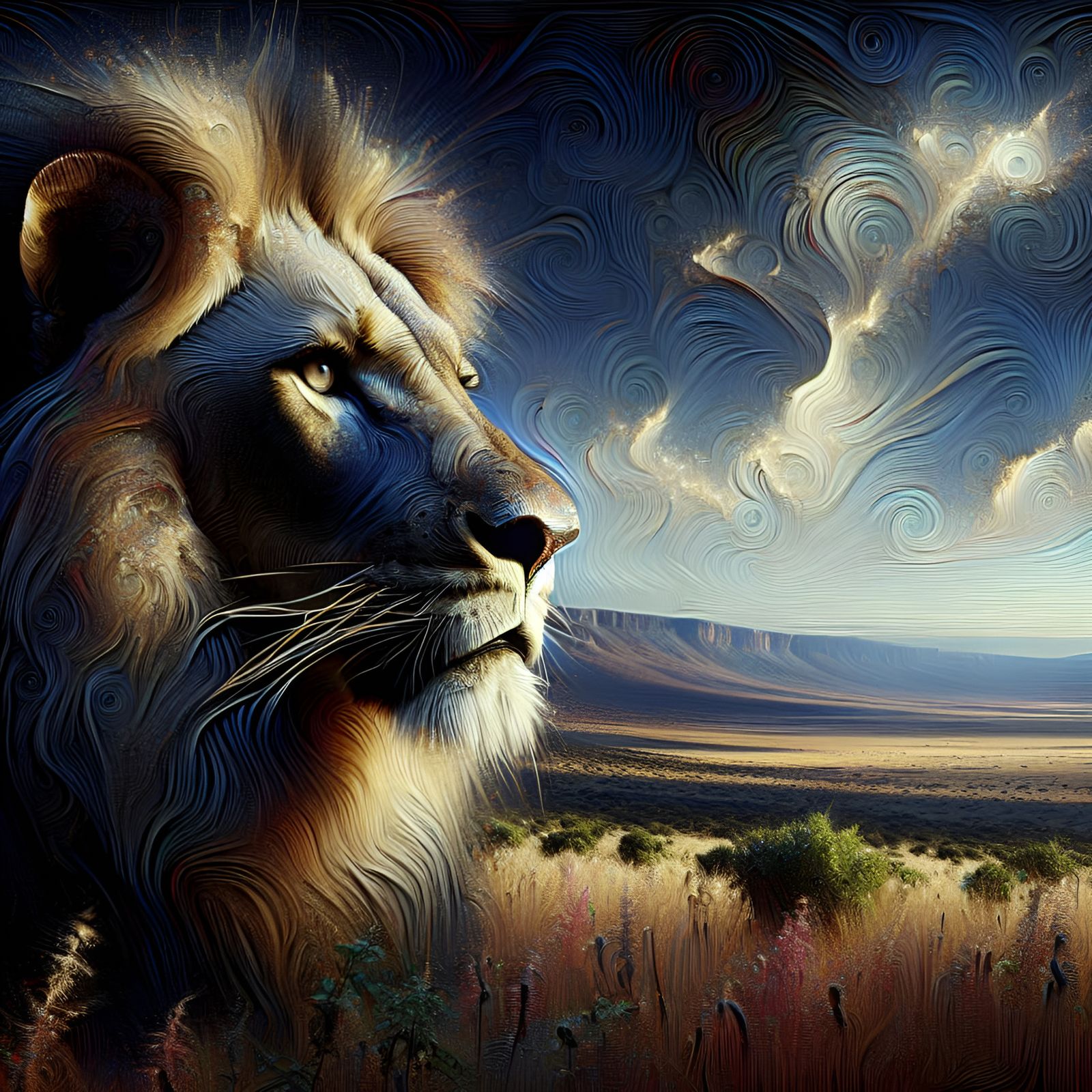 Serengeti Lion Portrait in Romantic Art Nouveau Style