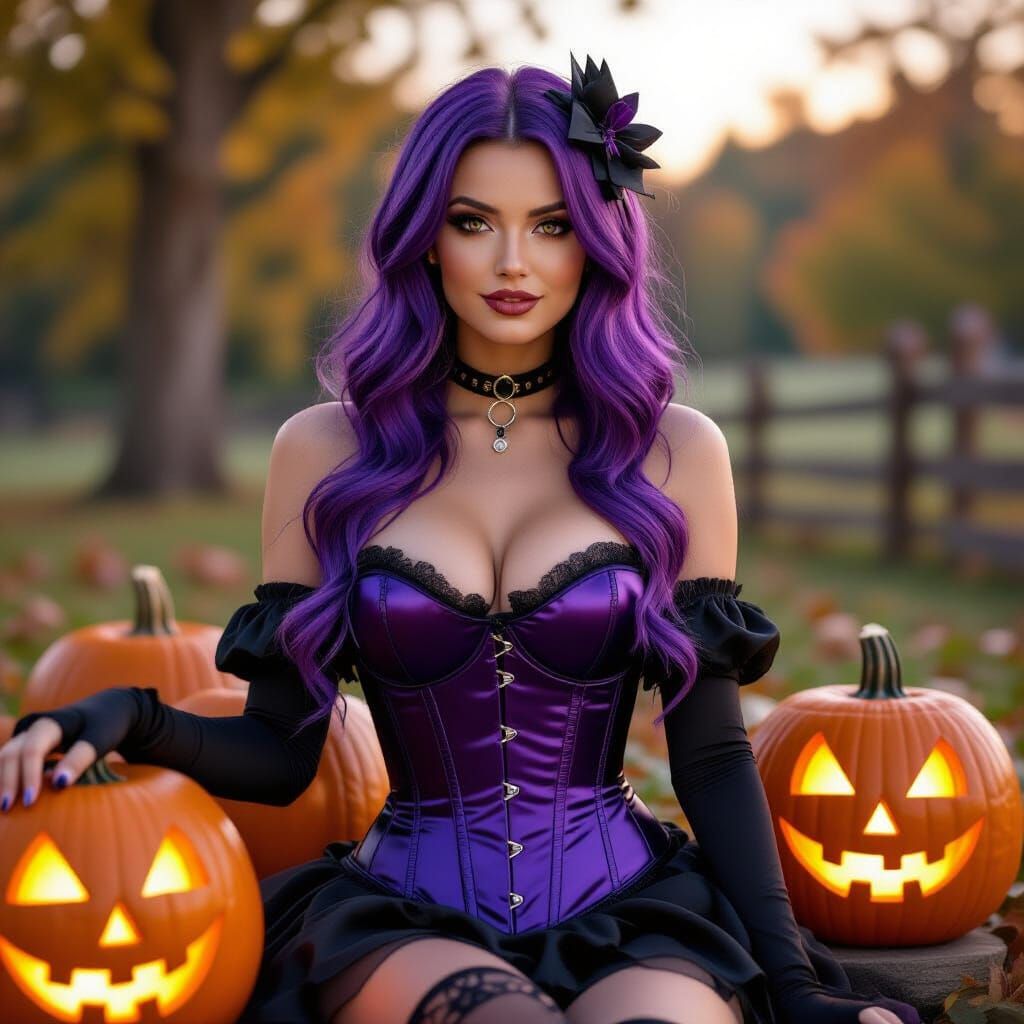 Pretty Purple Haired Woman in Halloween Corset with Jack O' ...